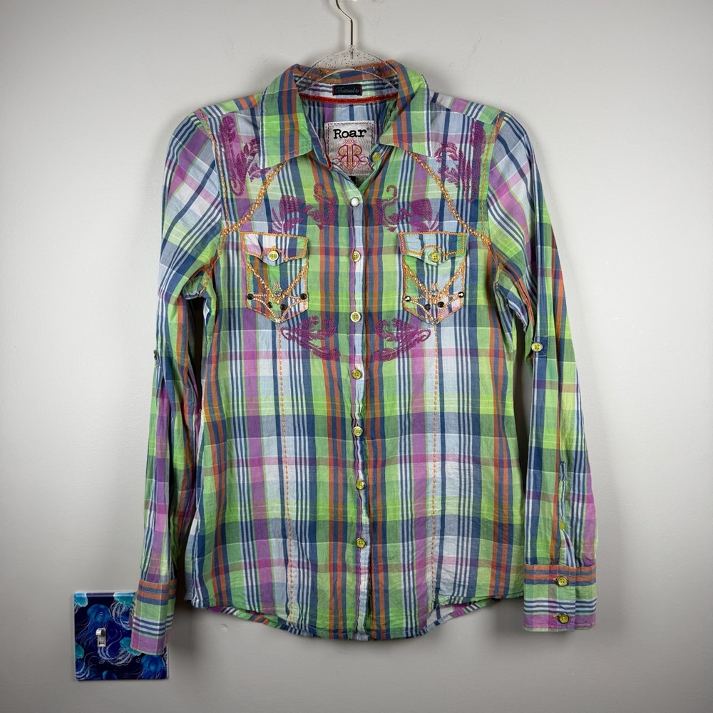 ROAR Bling Rodeo Western Plaid Colorful LS Fall Button Down Shirt Top Small